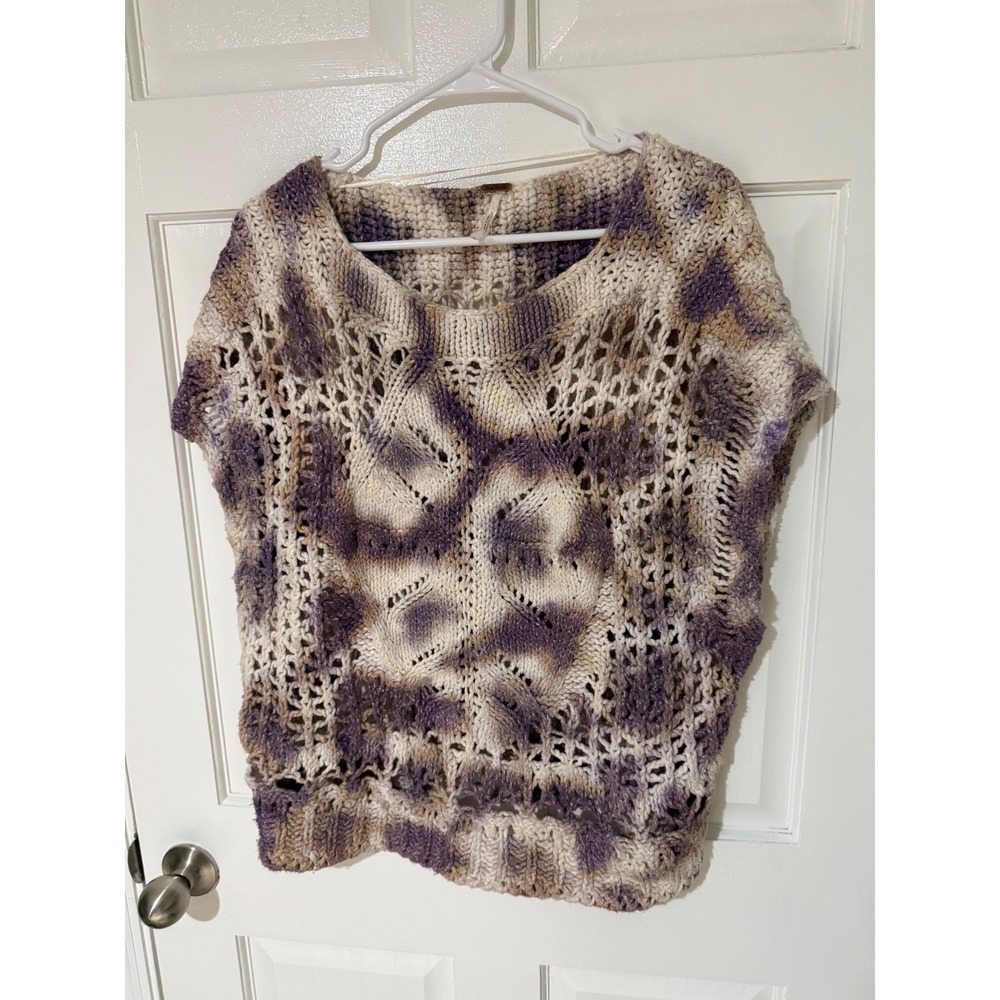 Free People Womens Purple Cream Tie Dye Open Knit Crochet Sweater Vest Large